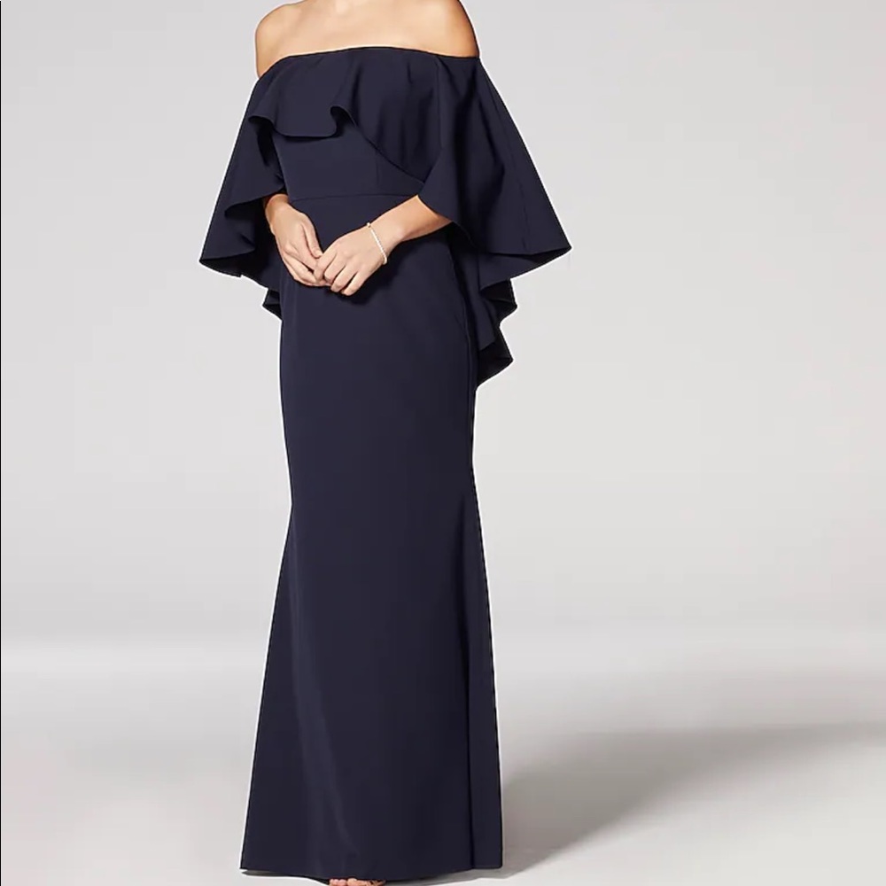 VINCE CAMUTO OFF-THE-SHOULDER CAPE-EFFECT GOWN
